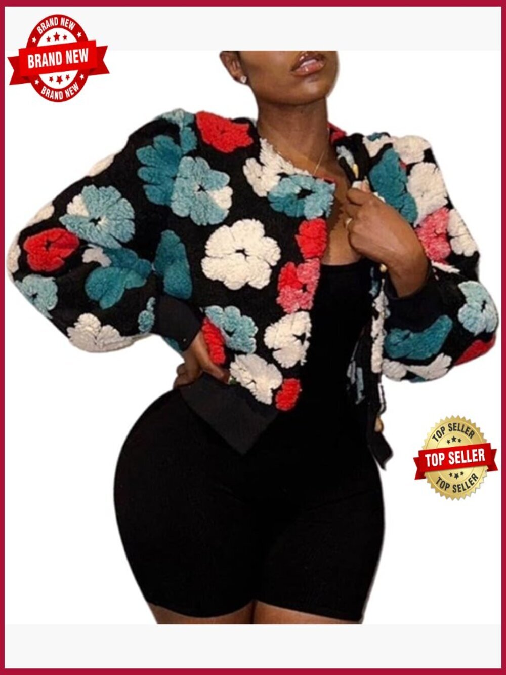 Cropped Floral Print Fleece Bomber Jacket Puff Sleeve Button Down Coat